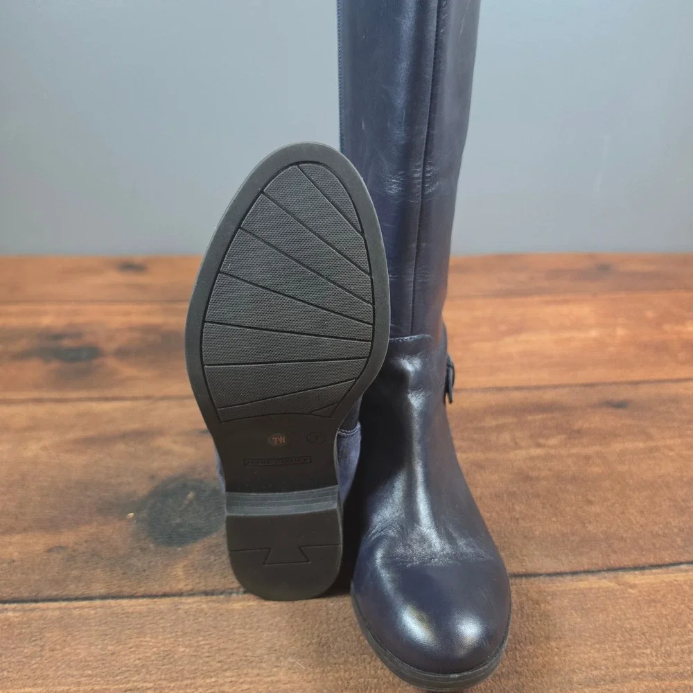 Marc Fisher Riding Boots Women 7W Navy Blue Good Leather Suede Wide Calf A281483